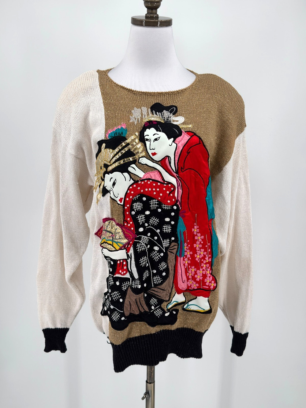 Vintage 80s Bonnie Boerer & Company Geisha Colorblock Knit Sweater Sz S